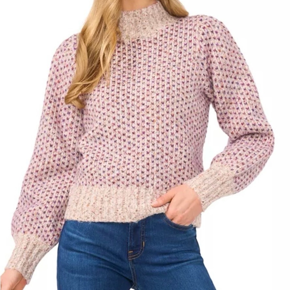 CeCe women’s marled blouson sleeve jacquard knit mock neck sweater. Color cereal